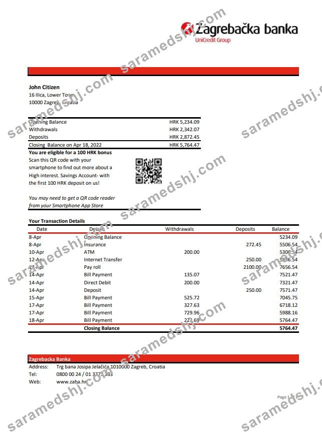 Croatia Zagrebačka Bank statement xls